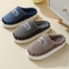 Home Slippers For Men Thick-soled Color-block Letters Fluffy Fleece  House Shoes Winter Indoor Warm Slip On Floor Bedroom Slipper - Image 5