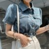 Denim Waist Fashion Slim Short Sleeve Top - Image 4